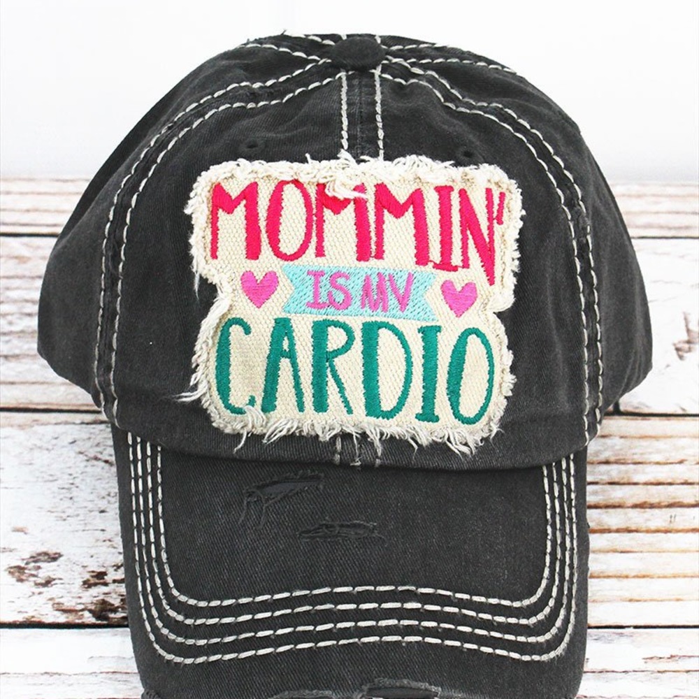 DISTRESSED BLACK 'MOMMIN' IS MY CARDIO' CAP Hat